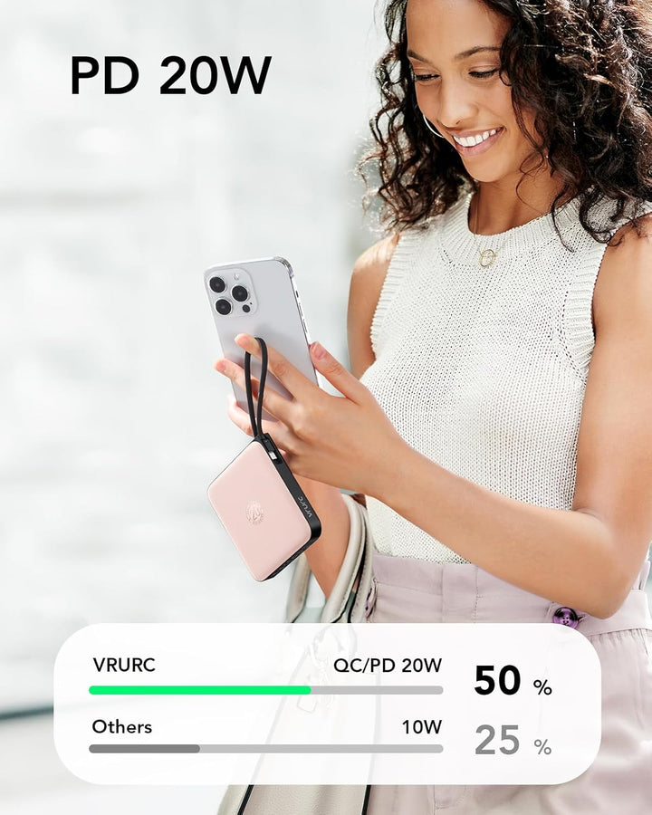 VRURC Power Bank mit Kabel 10000mAh Klein USB C Powerbank Schnelles Aufladen 22.5W Mini Tragbares La