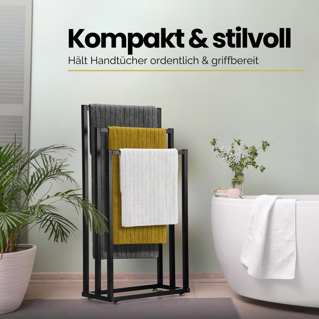 Hanamura Handtuchhalter Stehend – Schwarzer Handtuchständer mit 3 Stangen – Rutschfest & Kratzfrei –