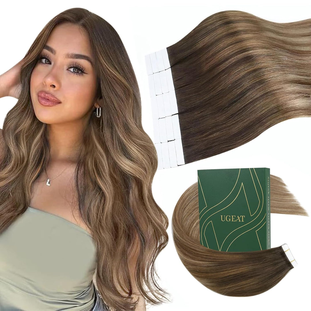 Ugeat Invisible Tape Extensions Echthaar 40cm Goldbraun Gerade Echthaar Extensions Tape Mittelbraun