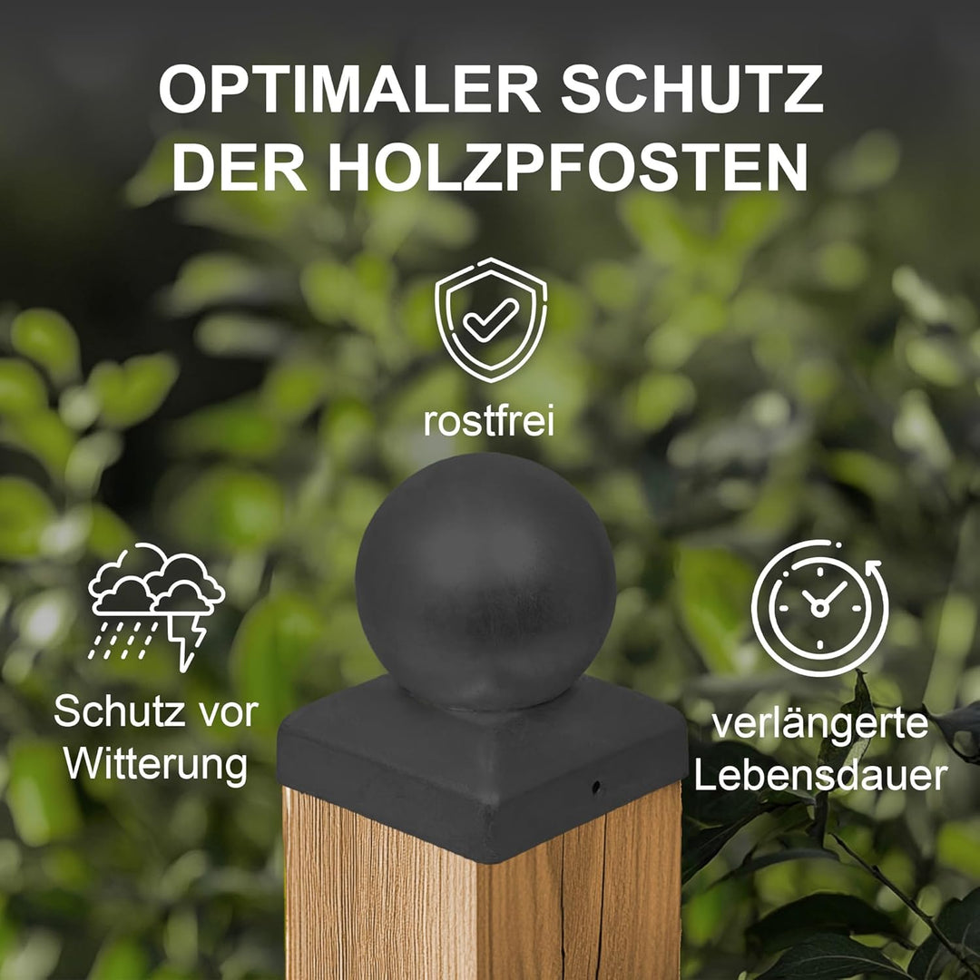 h2i Pfostenkappe Kugel | Stahl Schwarz pulverbeschichtet | 71 x 71 mm | 10 Stück | Abdeckkappe für G