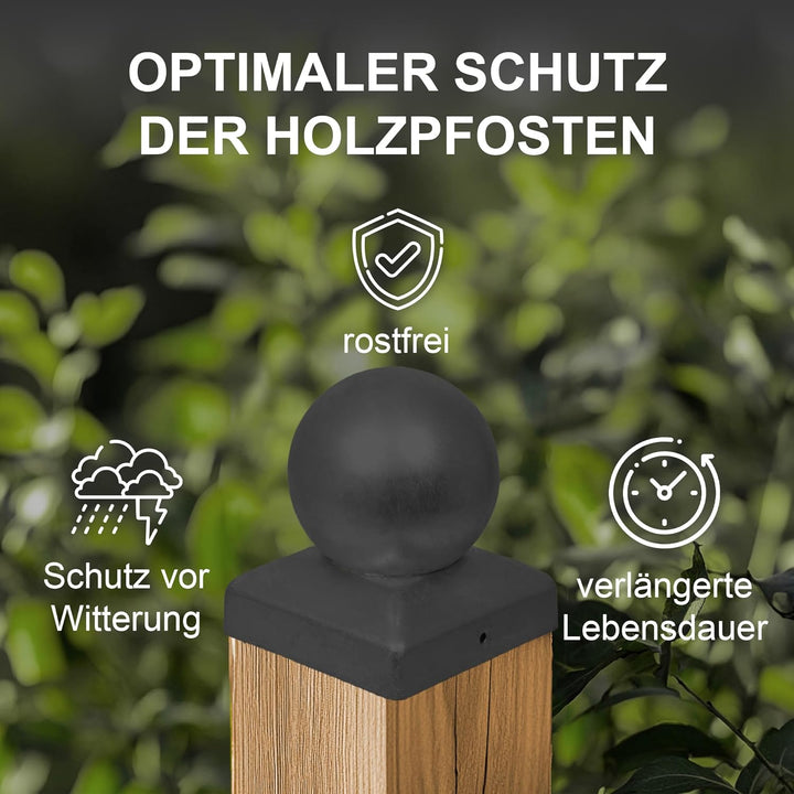 h2i Pfostenkappe Kugel | Stahl Schwarz pulverbeschichtet | 71 x 71 mm | 10 Stück | Abdeckkappe für G