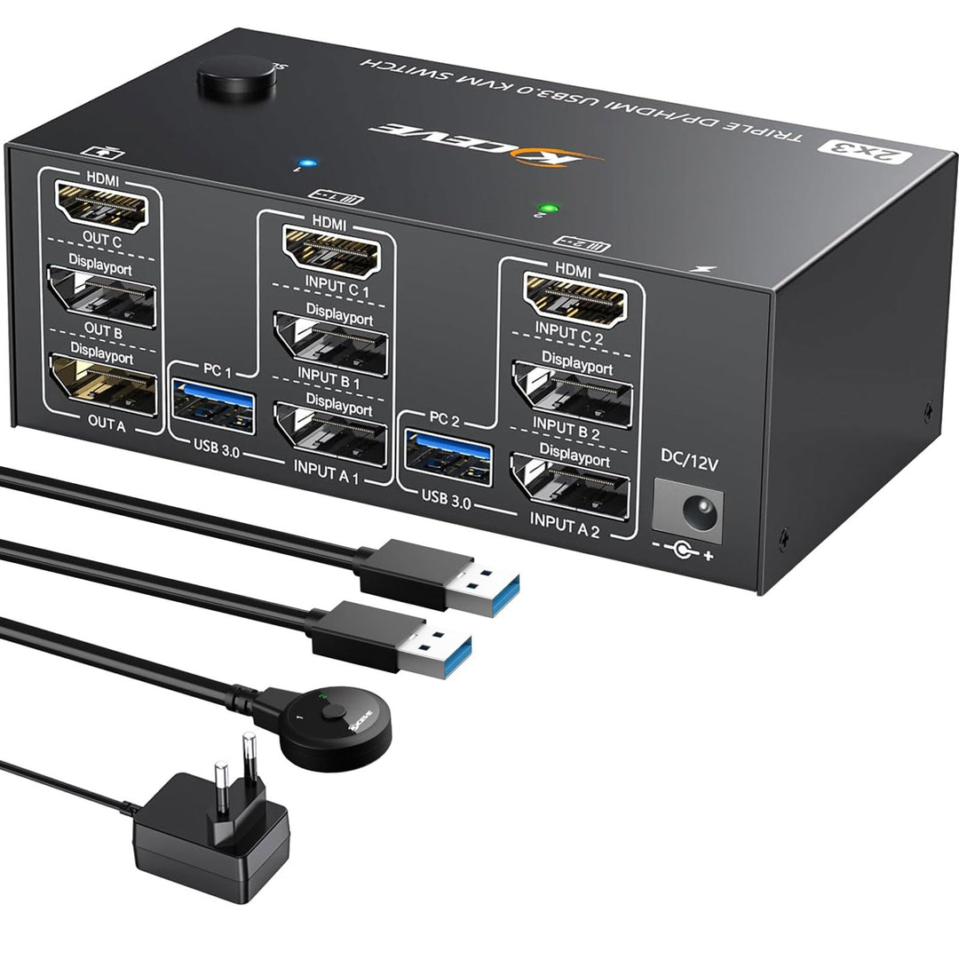 USB 3.0 KVM Switch 2 PC 3 Monitore 8K@60Hz 4K@144Hz, Triple Monitor KVM Switch 2 Displayport + 1 HDM