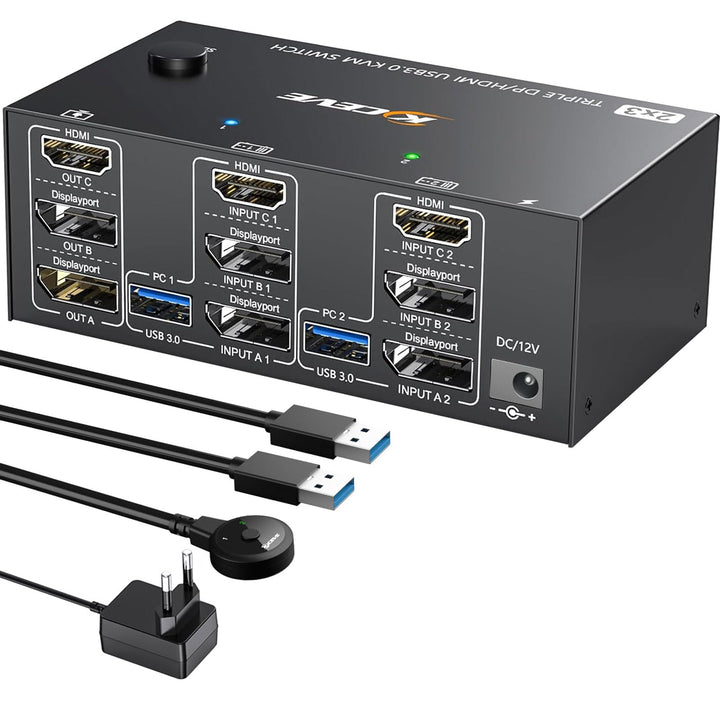 USB 3.0 KVM Switch 2 PC 3 Monitore 8K@60Hz 4K@144Hz, Triple Monitor KVM Switch 2 Displayport + 1 HDM
