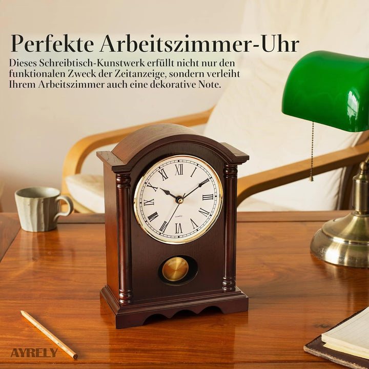 Klassische Kaminuhr – Elegante Tischuhr im Holzdesign mit goldfarbenem Pendel, Vintage Standuhr für