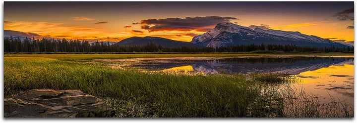 Wandbild auf Leinwand als Panorama in 150x50cm Kanada Wiese See Berge Sonnenaufgang