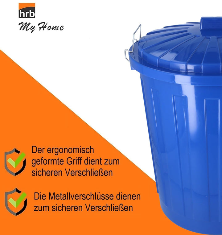HRB Maxitonne 50 Liter blau, Tonne aus stabilem Hartplastik, abnehmbarer Deckel mit Metallverschlüss