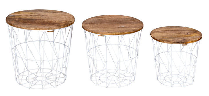 levandeo 3er Set Beistelltisch Metall Metallkorb Weiss Mango Couchtisch Holz Deckel Deko Aufbewahrun
