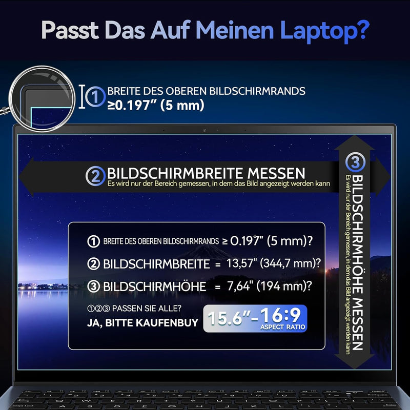 Magnetischer Laptop Sichtschutz für 15.6 Zoll Seitenverhältnis 16:9 Computer Bildschirm, 15" Abnehmb