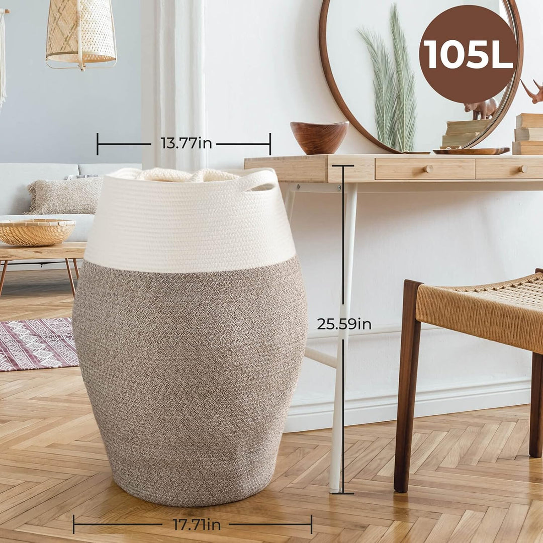 TIMEYARD Wäschekorb Gross, 105 L Wäschesammler, Aufbewahrungskorb, Korb Geflochten aus Baumwolle Sei
