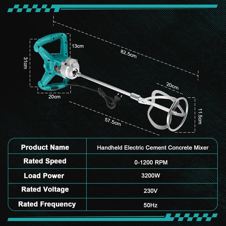 3200W Rührwerk Mörtelrührer mit 2 Rührpaddeln | 1200 U/min Bürstenloser Motor, 6-stufig, Arretierbar