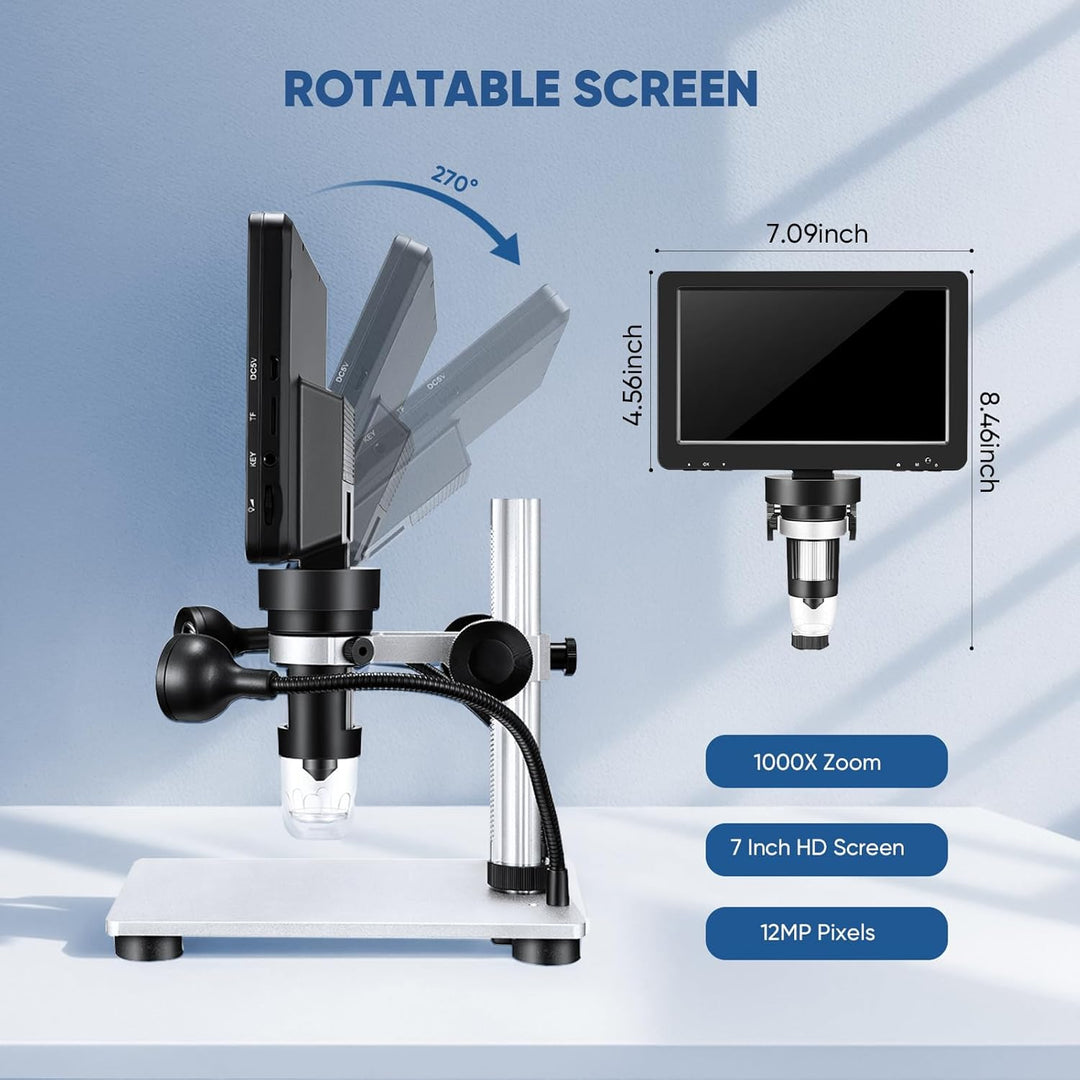 Professionelles Mikroskop 7 Zoll 1200 x 12 MP Digitales Mikroskop mit drehbarem HD-Display/8 LED-Leu