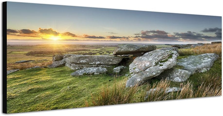 Paul Sinus Art Panoramabild auf Leinwand und Keilrahmen 150x50cm Cornwall Wiese Steine Meer Sonnenun