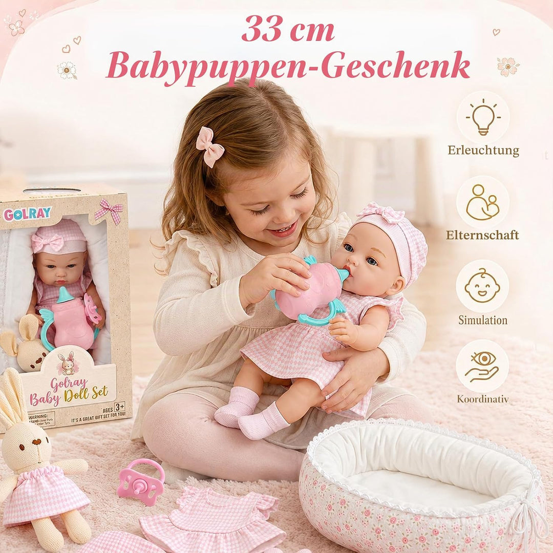 Puppenzubehör für Baby Puppe Zubehör, 33cm Grosse Babypuppe Puppenbett Puppenkleidung Fläschchen Sch