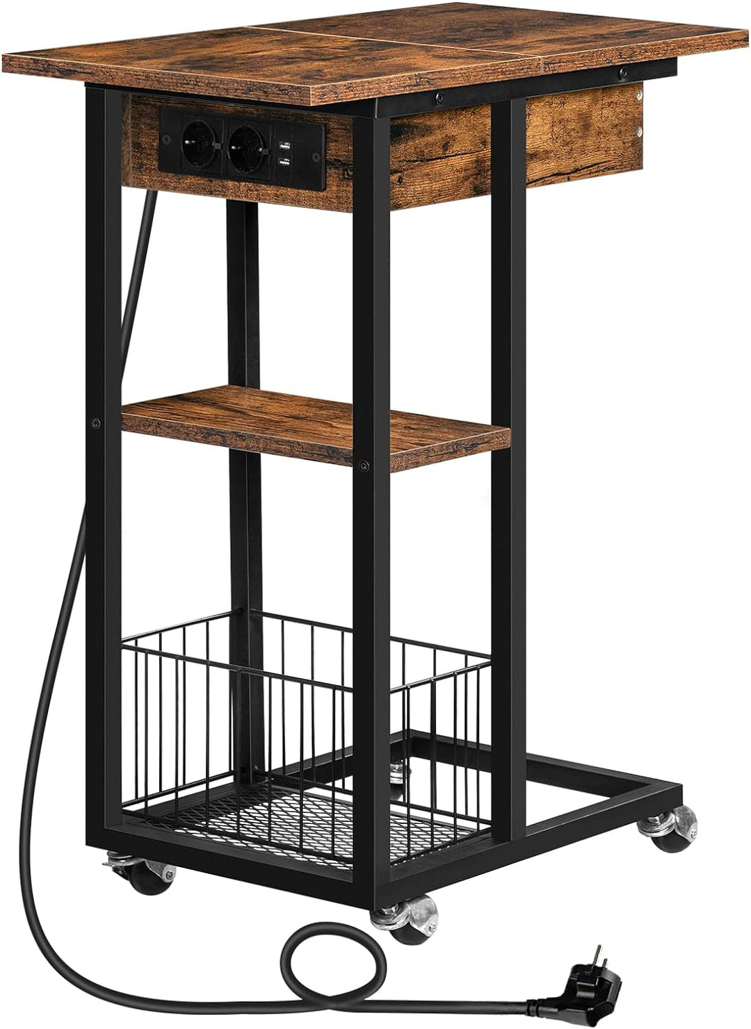 HOOBRO Beistelltisch mit Ladestation, Flip C-Form Sofatisch, Couchtisch mit Rädern und Ablagefläche,
