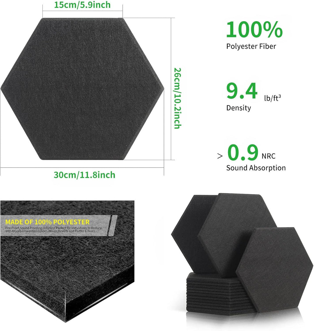 Rdutuok 12 Stück Akustik Panel,30x26x1cm Hexagon Akustik Absorber Schallschutzplatten Akustikpaneele