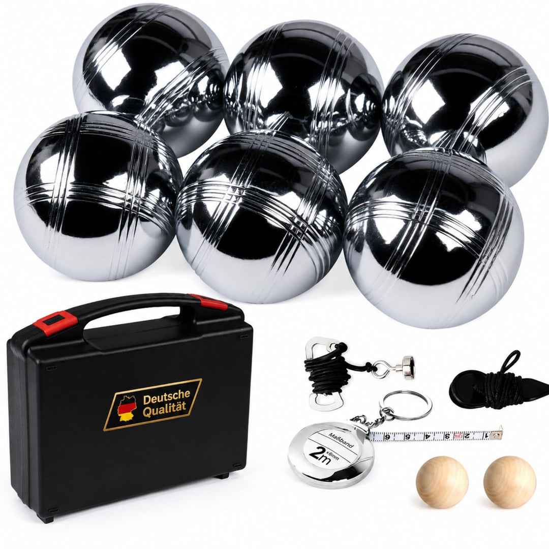 6er Boule Set Ø73mm 720g, mit Zielkugeln, Massband &amp; Magnetsammler | Boccia Kugeln mit Transportbox,