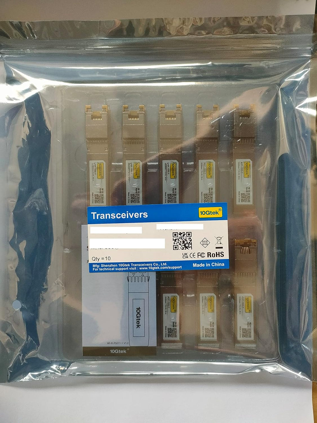 10Gtek 10-Stück 10Gb SFP+ RJ45 Modul 30-Meter, 10GBase-T Kupfer CAT.6a Transceiver Kompatibel für Ci