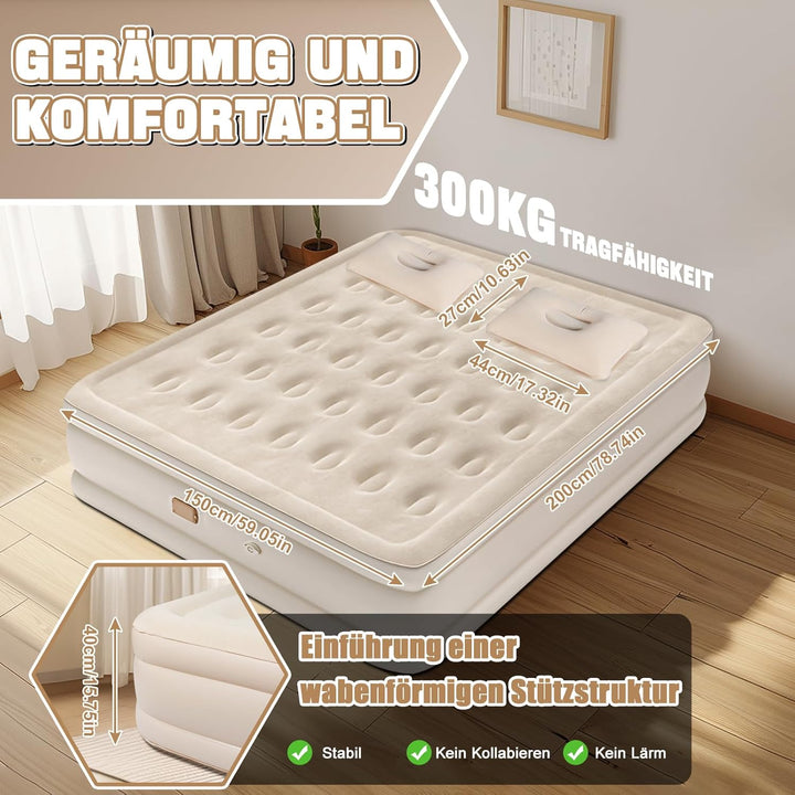Luftmatratze 2 Personen, Luftbett 2 Personen 200 x 154 x 43cm, Luftmatratze Selbstaufblasend mit Int