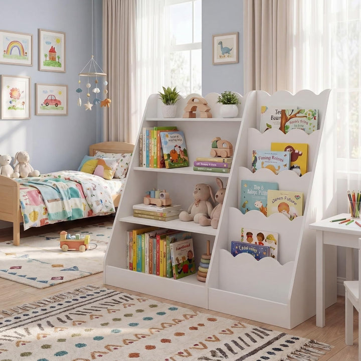 RELAX4LIFE Kinder Bücherregal, Montessori Kinderregal aus Holz, Spielzeugregal mit 4 offenen Fächern