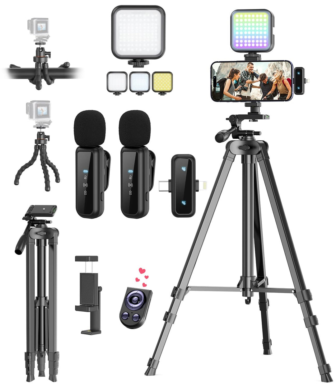 Vlogging Kit für iPhone/Android, YouTube Starter Kit mit kabellosem Mikrofon/Kamerastativ/Flexibles