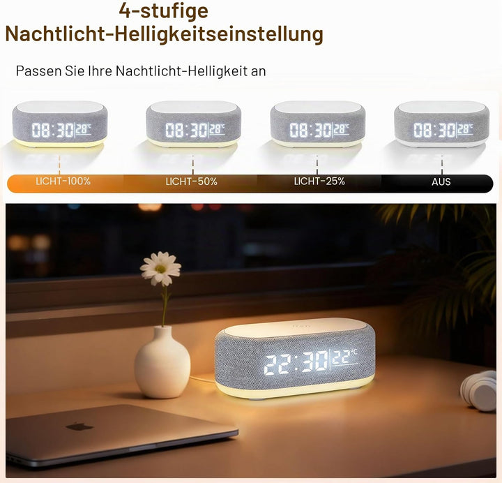 4 In1 Smart Wecker, Digitaler Tischwecker mit Licht und Ladestation, Radiowecker mit Ladefunktion &