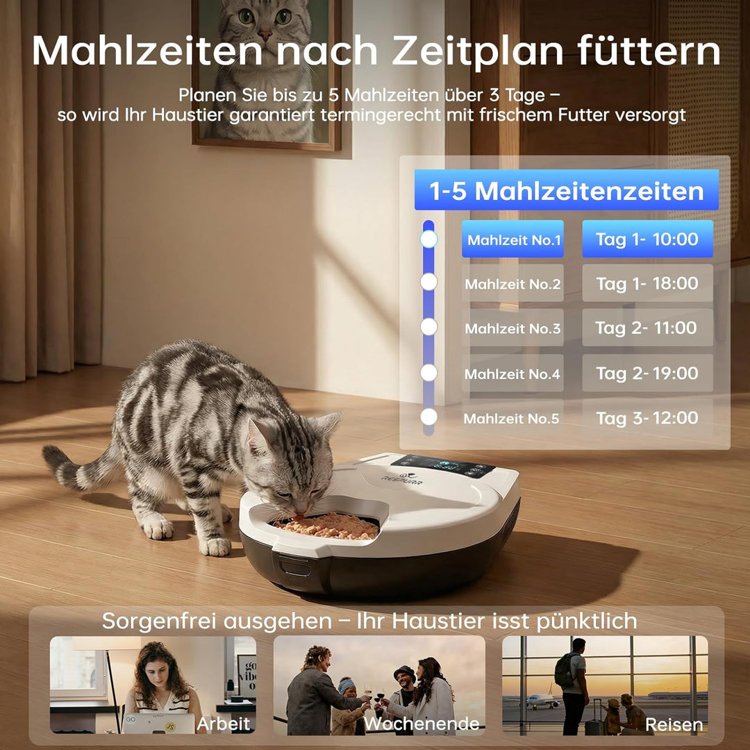 Futterautomat Katze Nassfutter, 3 Tage Frische 5 Mahlzeiten, Mit Halbleiter-Kühlung & Heizung Nassfu