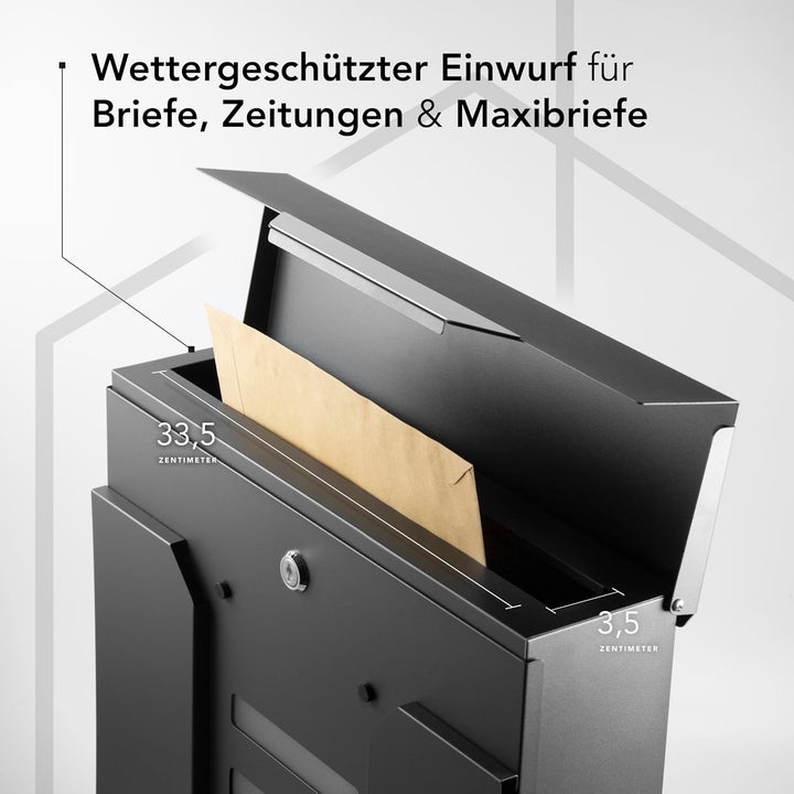 Moderner Briefkasten Personalisierbar Mailand Anthrazit RAL7016 - mit Zeitungsfach - Wandbriefkasten