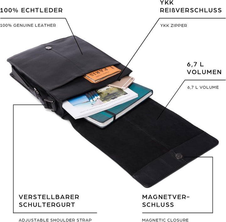 LEABAGS Leder Umhängetasche Herren & Damen I Echtleder Laptoptasche bis 13 Zoll I Messenger Bag mit