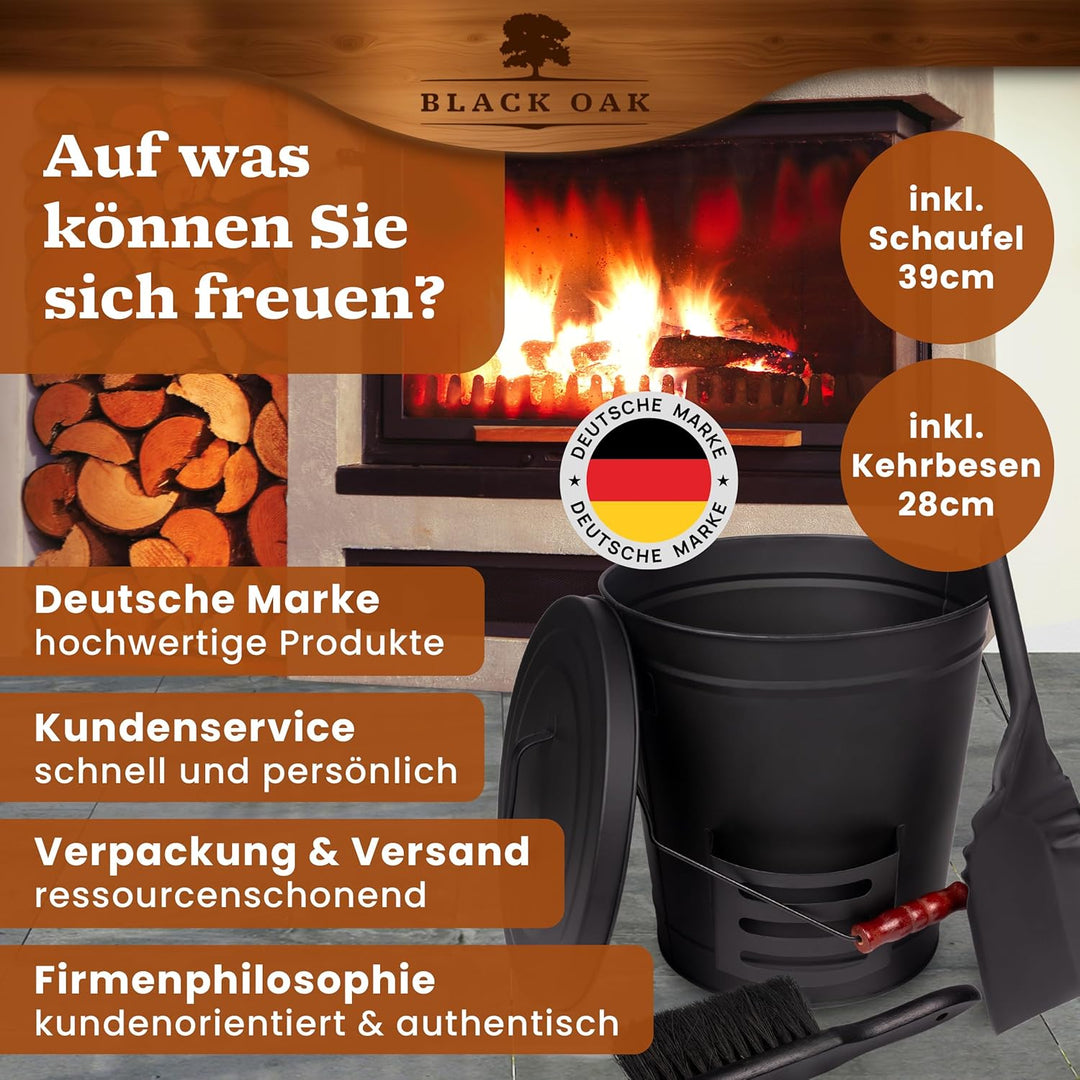 BLACK OAK Ascheeimer Stromboli 20L – schwarz mit Deckel Schaufel & Besen Bügel schwarz gross 20 Lite