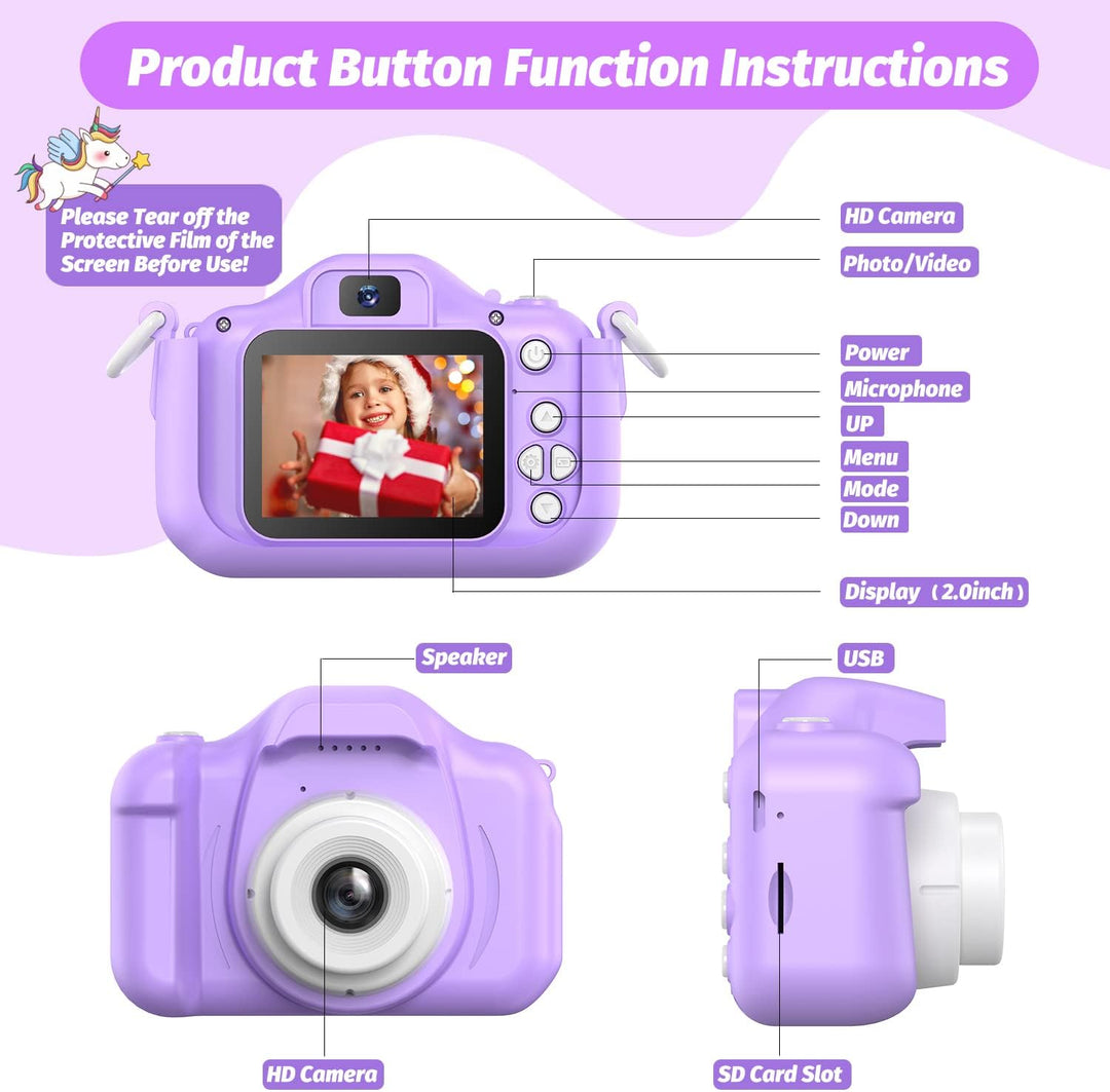HOOMOON Dinosaurier Kamera für Kinder, Selfie-Kamera, Spielzeug, Mädchen, Jungen, SD-Karte 32 GB, HD