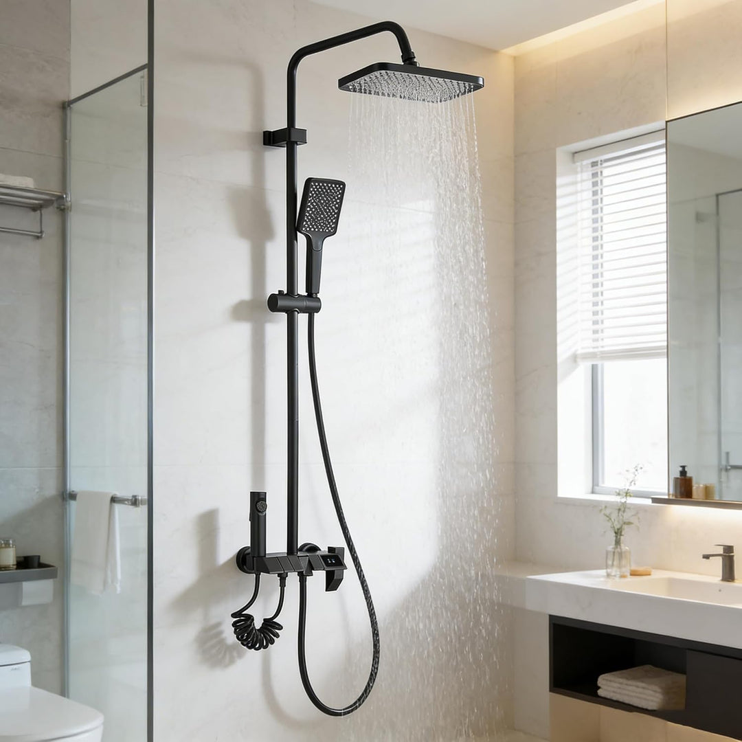 Komplettes schwarzes Duschset, bestehend aus einem Thermostat mit LED-Anzeige, einem 4-in-1-Regendus