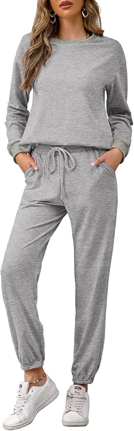 REORIA Damen Tracksuit Langarm Rundhalsausschnitt Einfarbig Zweiteiler Outfit Hoodie Jogger Training