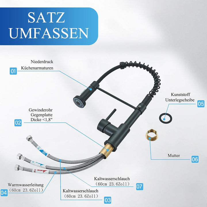Schwarz Niederdruck Armatur Küche Wasserhahn Ausziehbar Niederdruck Küche 360° Drehbar Wasserhahn Kü