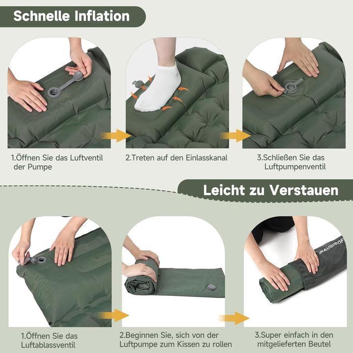 HAUSPROFI Isomatte Camping, Ultraleicht Camping Luftmatratze mit Fusspumpe & Kissen, Aufblasbare Mat