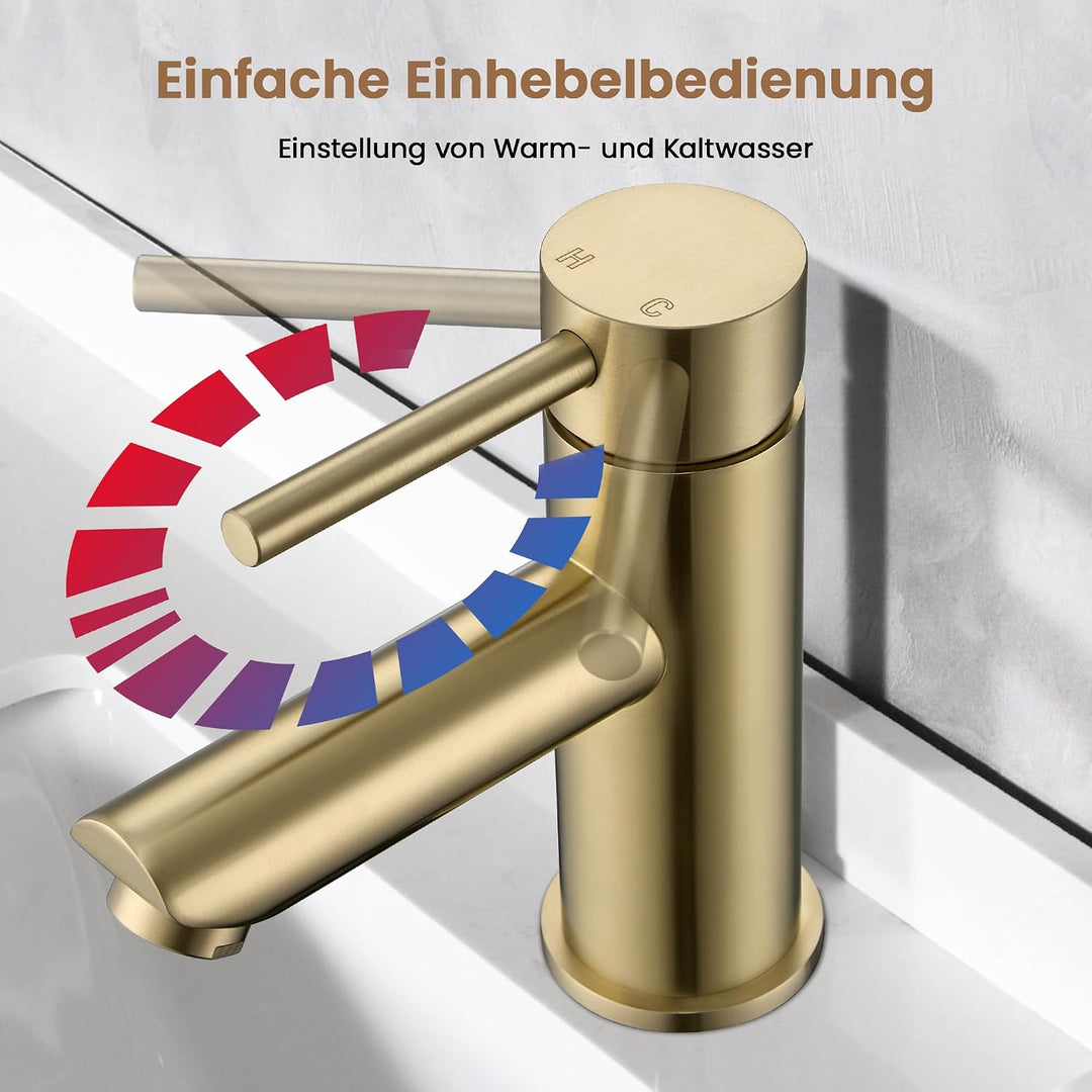 KPW Waschtischarmatur Edelstahl Gebürstet Gold – Bad Wasserhahn mit 79mm Auslaufhöhe, Einhand-Mischb