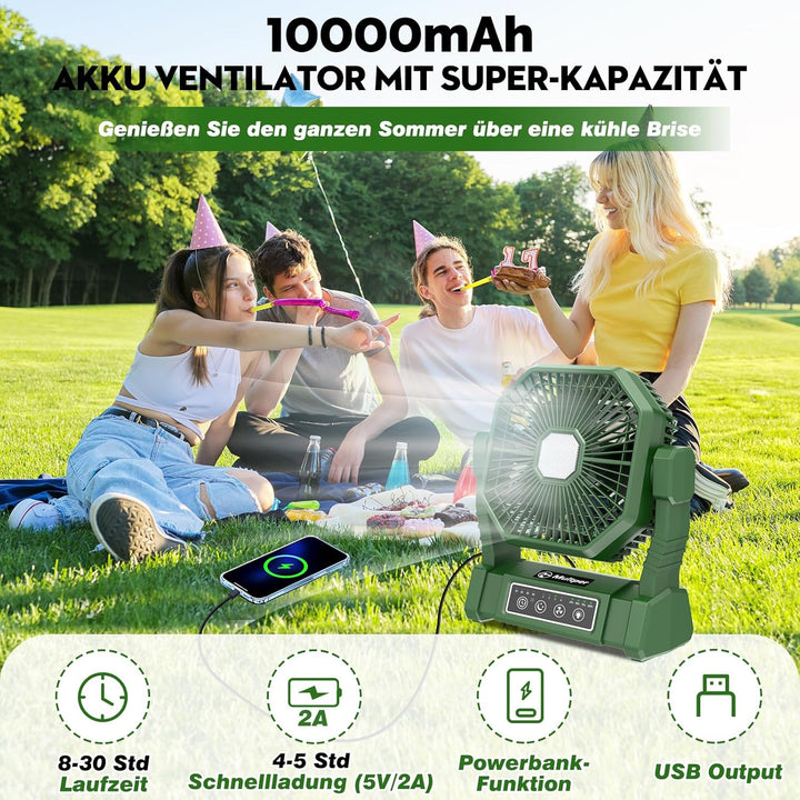 Multper Campingventilator mit LED-Licht, 10000 mAh Wiederaufladbarer Outdoor Zeltventilator mit Hake