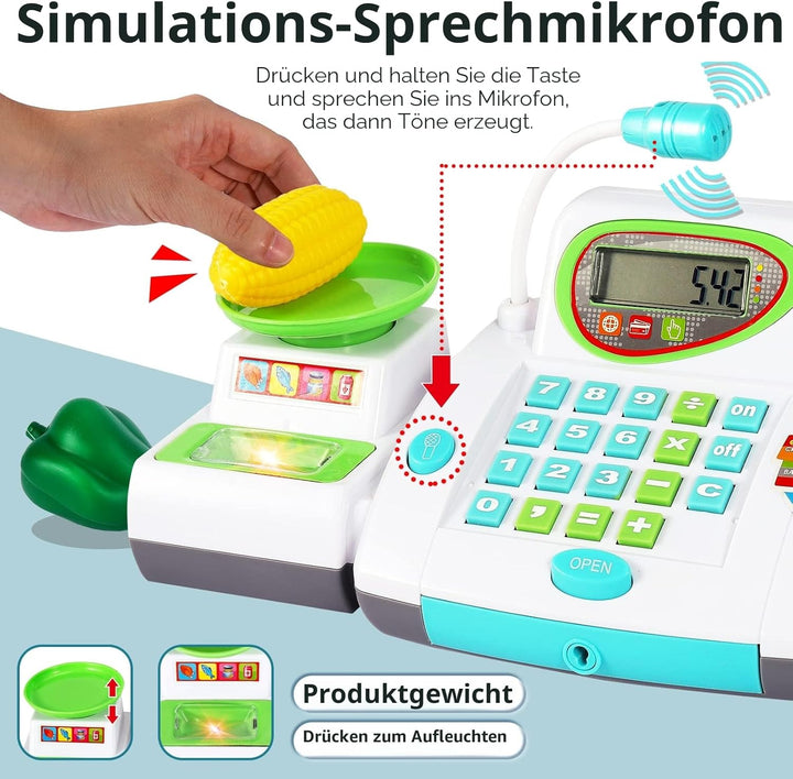 HERSITY Kaufladen Kasse Spielzeug, Registrierkasse Kinder mit Scanner Mikrofon, Grosse Spielkasse 31