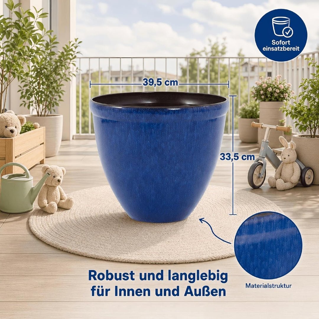 Jinfa Blumenkübel aus Kunststoff in glasierter Keramikoptik | Farbe: Jun Glasur blau | Design: Santo