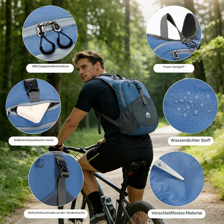 15L Wanderrucksack Kleiner Damen Herren Leichter Faltbarer Daypack Tagesrucksack Trekkingrucksack Du
