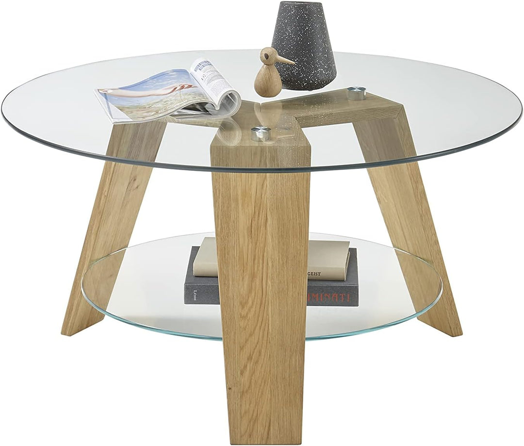 Robas Lund Couchtisch Wohnzimmertisch Glastisch mit Eiche Massiv Gestell, BxHxT 75x40x75 cm