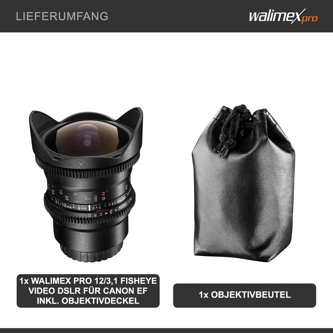 Walimex Pro 12mm 1:3,1 Fish-Eye VCSC für Canon EF Objektivbajonett schwarz (manueller Fokus, für Vol