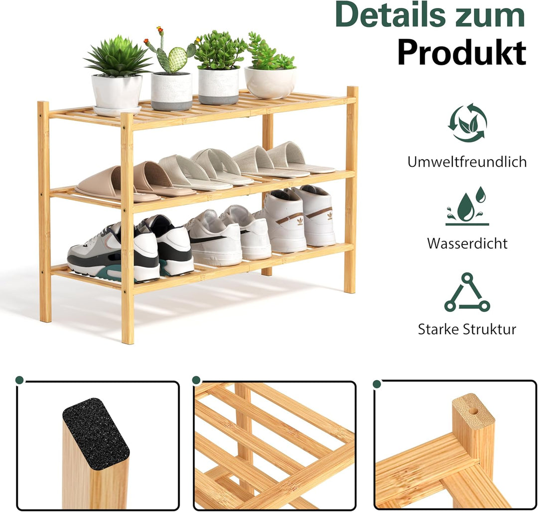 Schuhregal aus Bambus, Schuhablage mit 3 Ebenen, 68 x 28 x 46 cm, Erweiterbar Stapelbar, Schuhschran