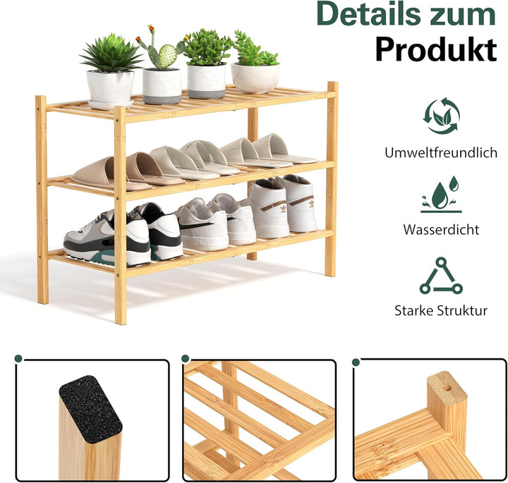 Schuhregal aus Bambus, Schuhablage mit 3 Ebenen, 68 x 28 x 46 cm, Erweiterbar Stapelbar, Schuhschran
