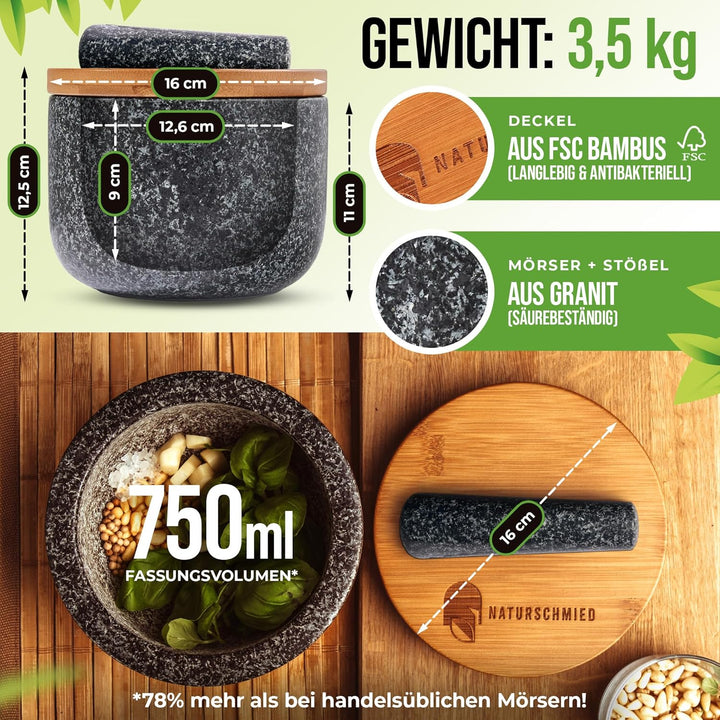 NATURSCHMIED Mörser mit Stössel & Deckel - AirProof 2.0 Verschluss + SolidStand Pad | 750 ml - Anthr