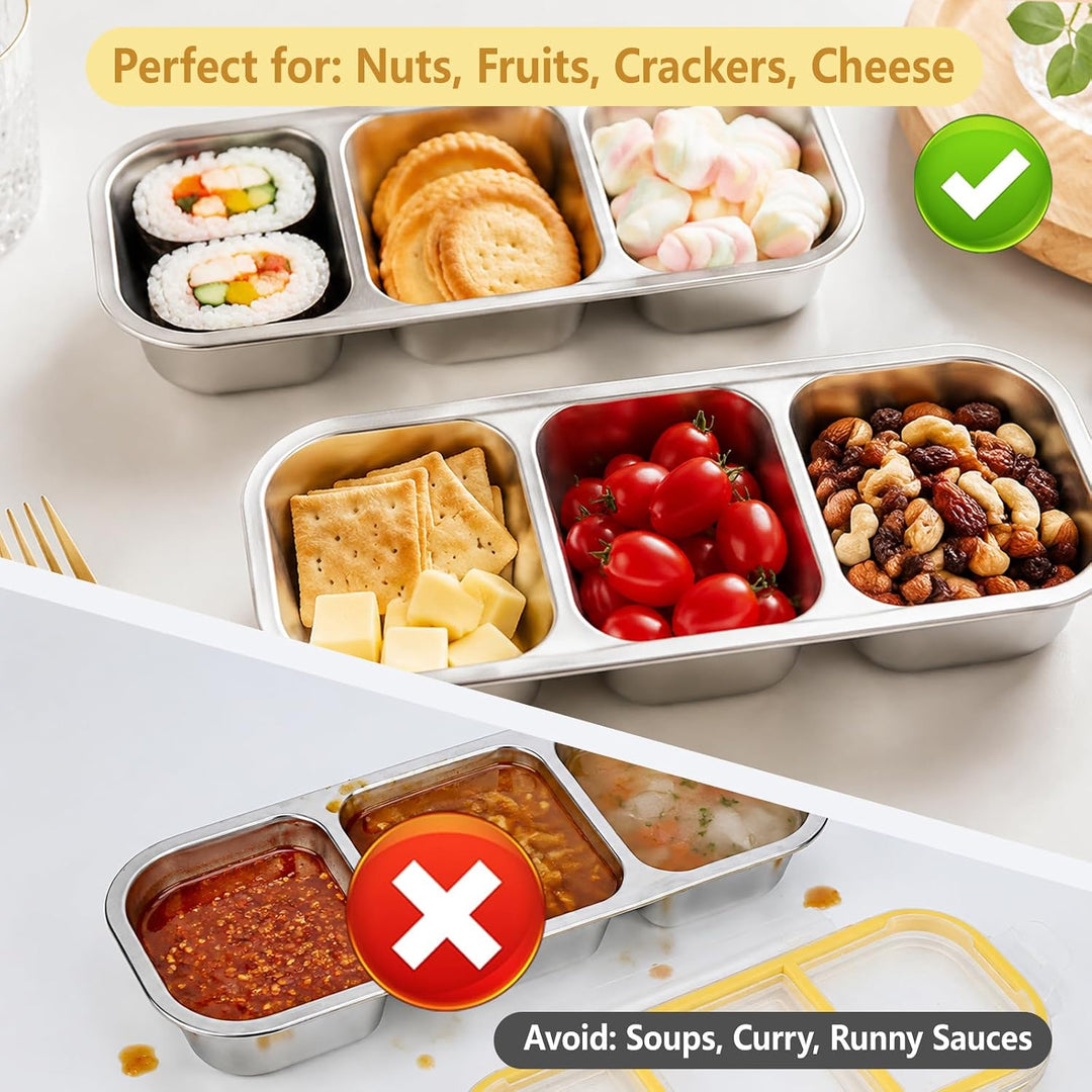 Snackbox mit Fächern, 2 Stück Edelstahl Snackbox Kinder mit 3 Fächern, BPA-frei Brotdose Kinder für