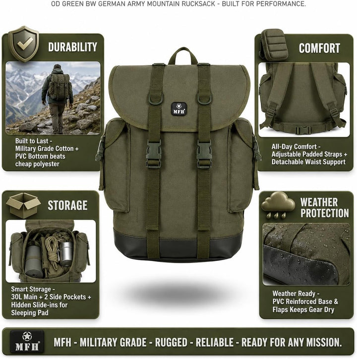 MFH Gebirgsrucksack BW Neues Mod, 30 liters Od Grün, Od Grün