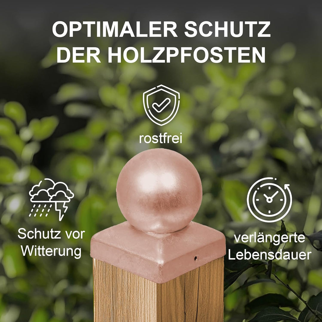 h2i Pfostenkappe Kugel | Kupfer | 71 x 71 mm | 5 Stück | Eckige Abdeckkappe für Garten Holzpfosten P
