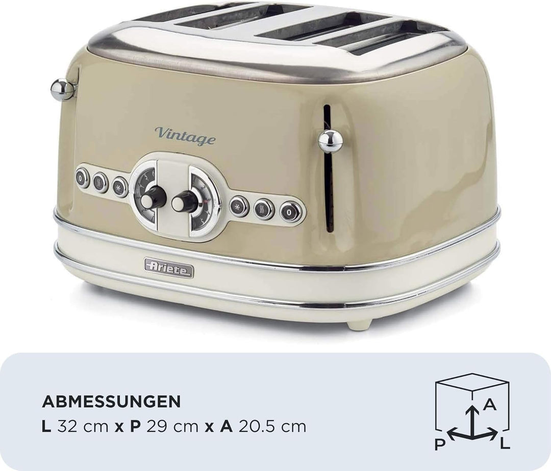 Ariete,156 Toaster im Vintage-Design für 4 Scheiben, 1600 W, 6 Toaststufen, aus lackiertem Edelstahl