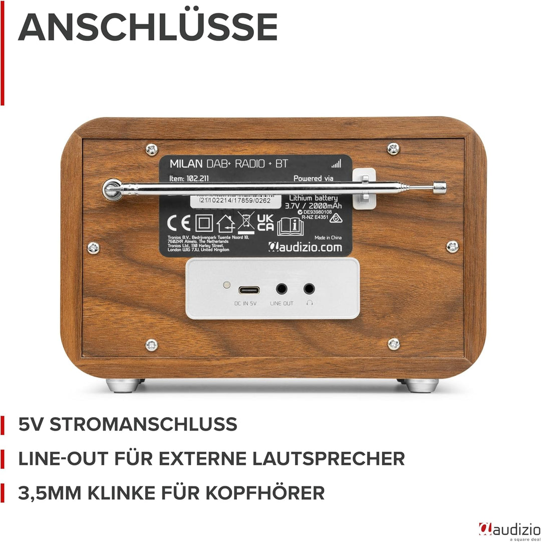 Audizio Milan DAB Radio mit Bluetooth, 10 Stunden Akku Radio 2000 mAh, Radiowecker mit Sleeptimer, L