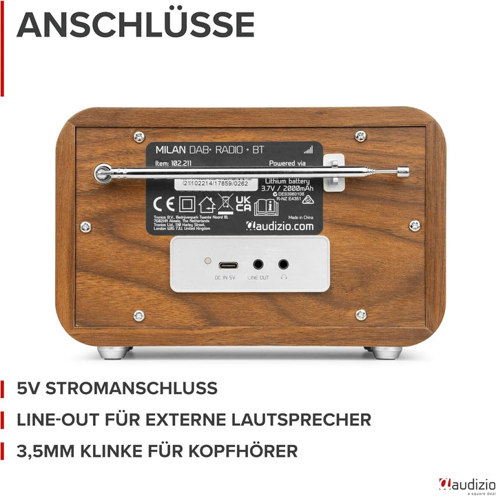 Audizio Milan DAB Radio mit Bluetooth, 10 Stunden Akku Radio 2000 mAh, Radiowecker mit Sleeptimer, L